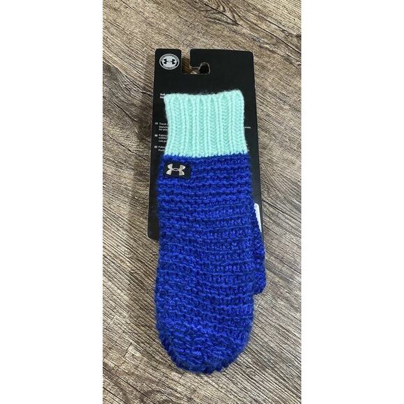 New Under Armour Girls Favorite Cold Gear Mittens Youth One Size Green Blue - Picture 3 of 6